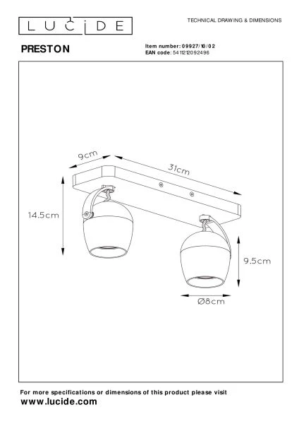 Lucide PRESTON - Plafondspot - LED Dim to warm - GU10 - 2x5W 2200K/3000K - Mat Goud / Messing - technisch